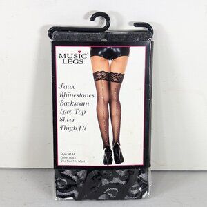 MUSIC LEGS Black Sheer Thigh High Stay-up stockings Faux Rhinestones Backseam